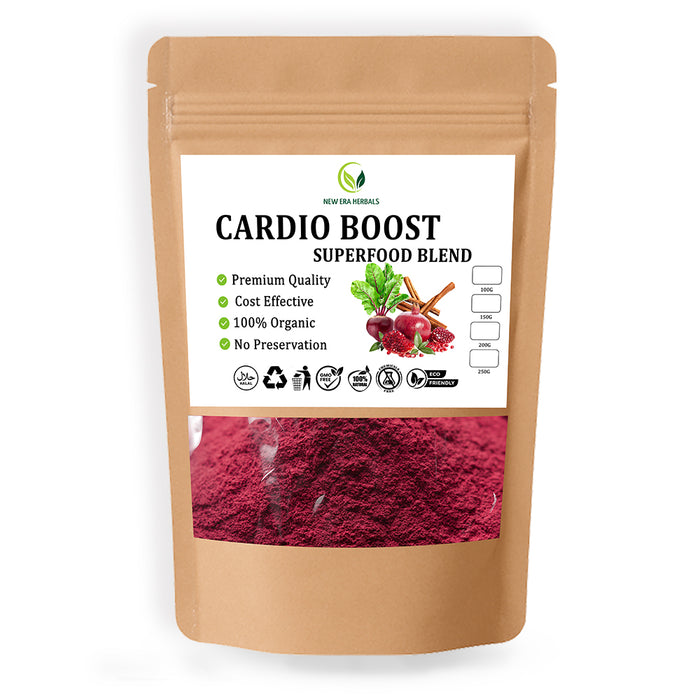 New Era Herbals Cardio Boost Superfood Blend in a resealable pouch with reddish-purple powder visible through the front window