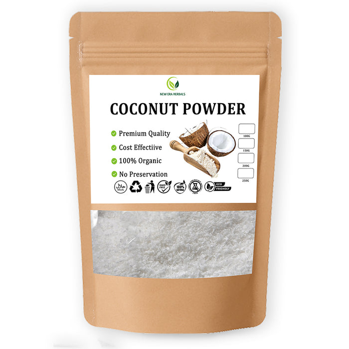 New Era Herbals Coconut Powder in a resealable kraft pouch with a clear window