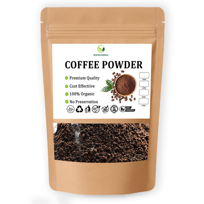 New Era Herbals Coffee Powder in a brown resealable pouch with a clear window