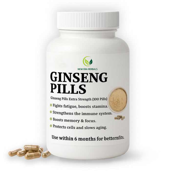 New Era Herbals Ginseng Pills Extra Strength white bottle labelled 100 pills