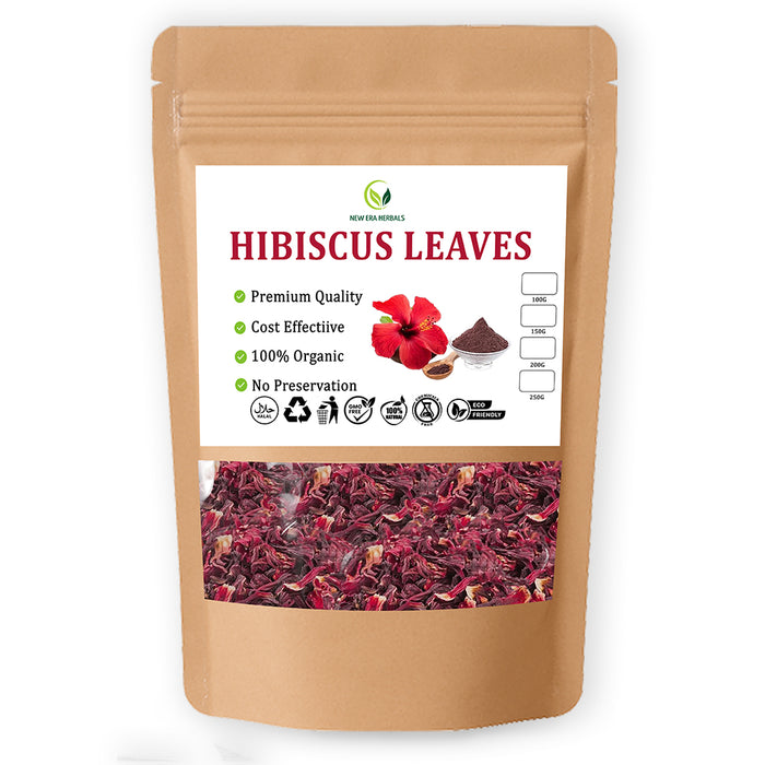 New Era Herbals pouch labelled Hibiscus Leaves with visible dried red botanical contents