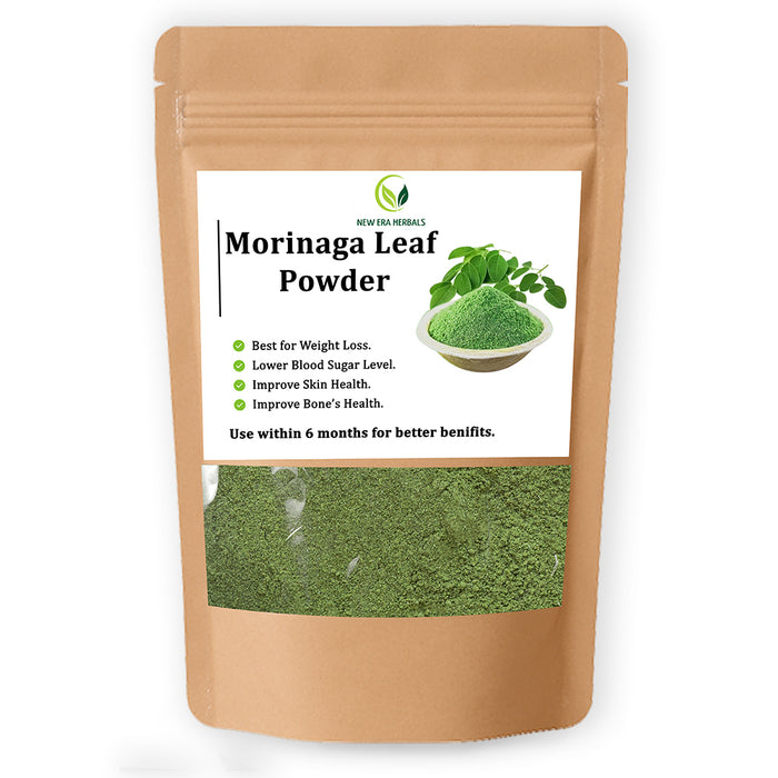 New Era Herbals Moringa Leaf Powder in a kraft resealable pouch with a clear window.