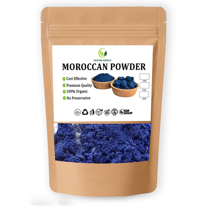 New Era Herbals Moroccan Powder in a resealable pouch with blue powder visible through the front window