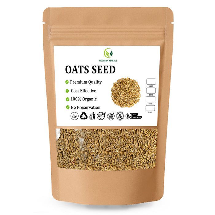 New Era Herbals Oats Seed in a brown resealable pouch with a clear window
