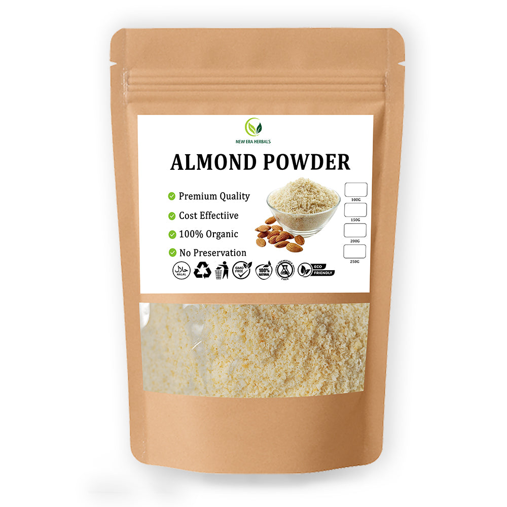 New Era Herbals Almond Powder in a resealable kraft pouch with a clear window