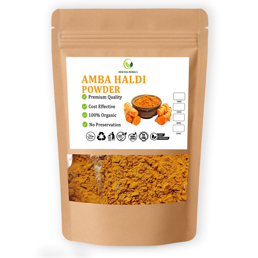 Newera Herbals Amba Haldi Powder in a resealable pouch with a transparent window
