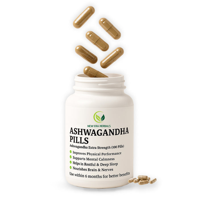 New Era Herbals Ashwagandha Pills bottle with capsules, 100 pills