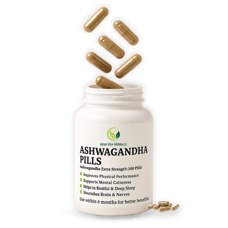 New Era Herbals Ashwagandha Pills bottle with capsules, 100 pills