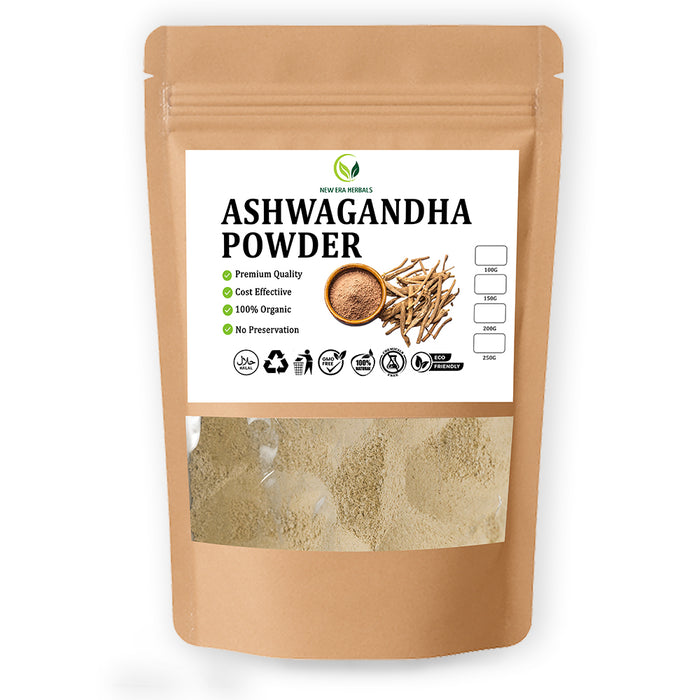 New Era Herbals Ashwagandha Powder in a resealable kraft pouch