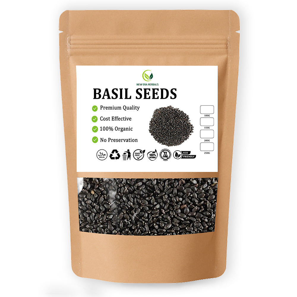New Era Herbals Basil Seeds in a resealable kraft pouch with a clear window