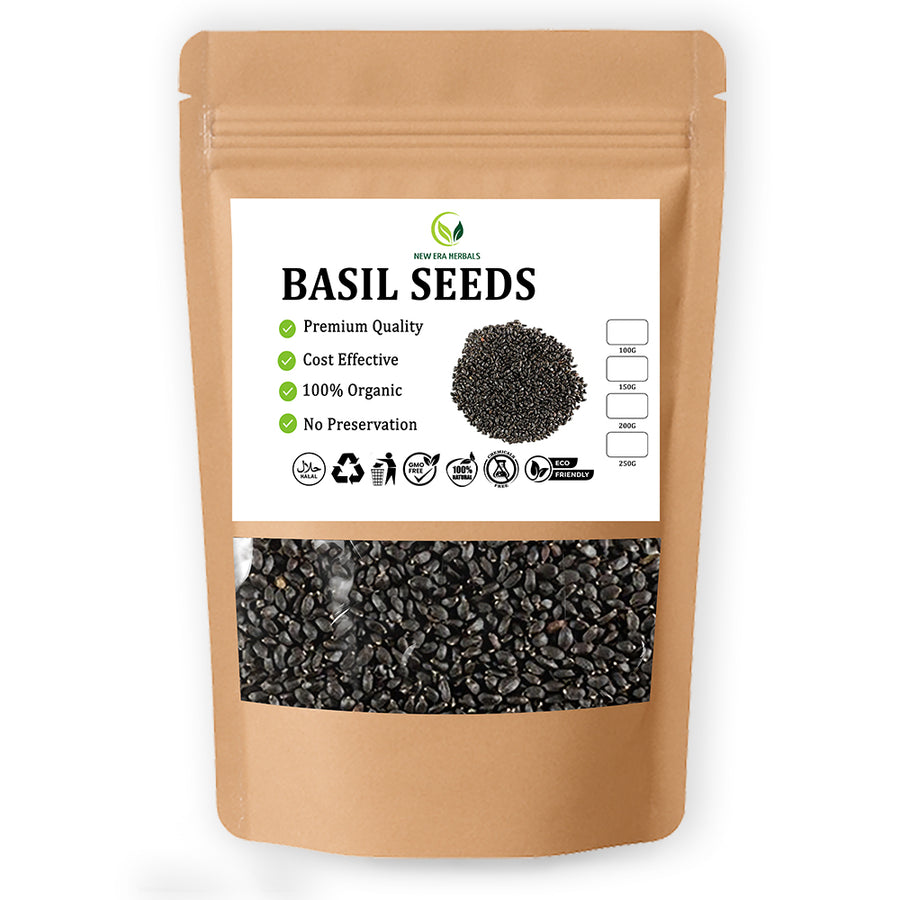New Era Herbals Basil Seeds in a resealable kraft pouch with a clear window