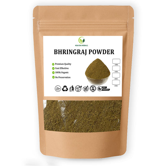 New Era Herbals Bhringraj Powder in a brown resealable pouch with a clear window
