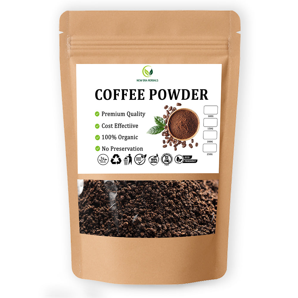 New Era Herbals Coffee Powder in a brown resealable pouch with a clear window