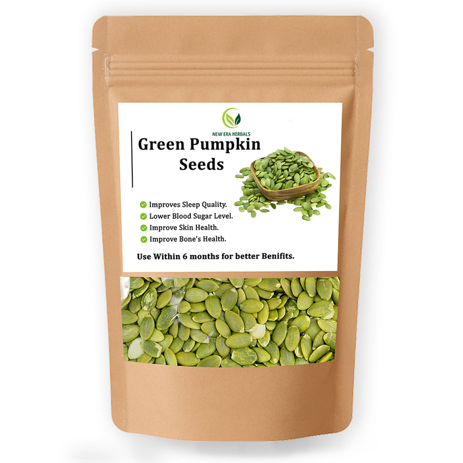 New Era Herbals Green Pumpkin Seeds in a resealable pouch