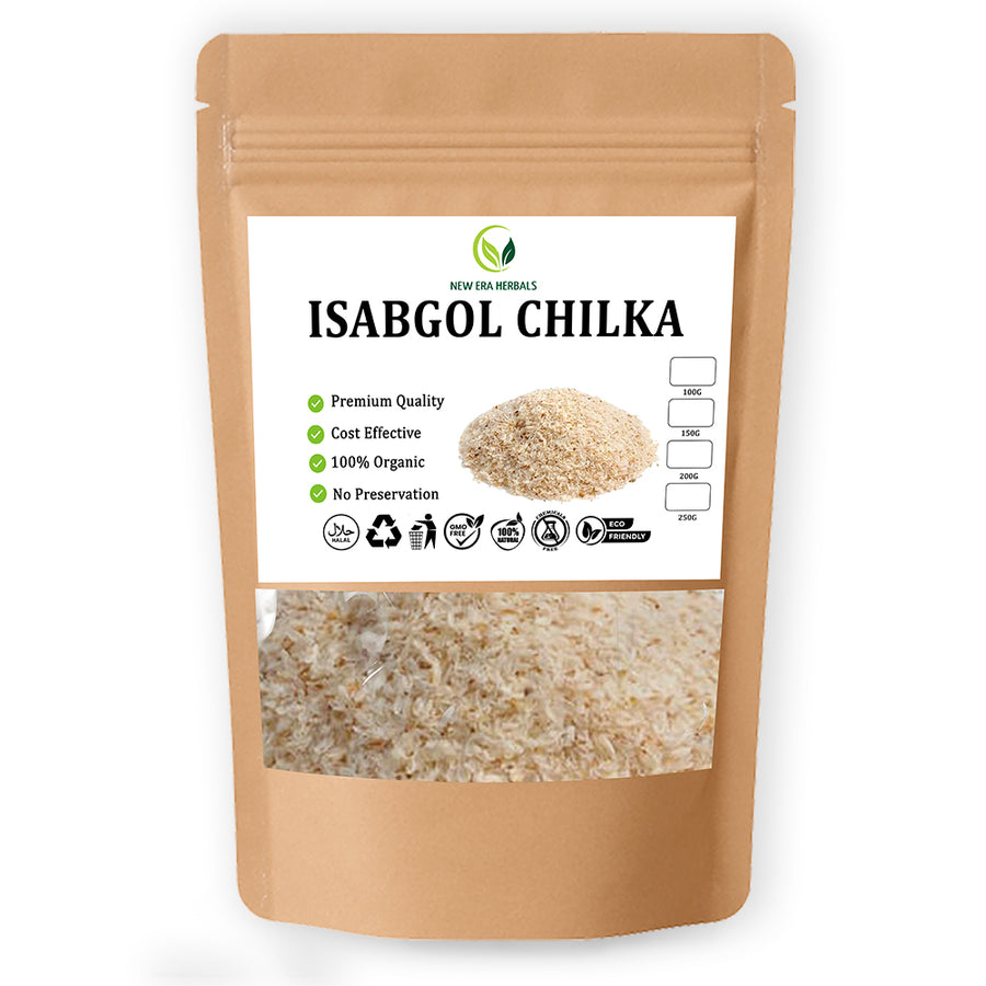 New Era Herbals Isabgol Chilka in a brown resealable pouch with a clear window