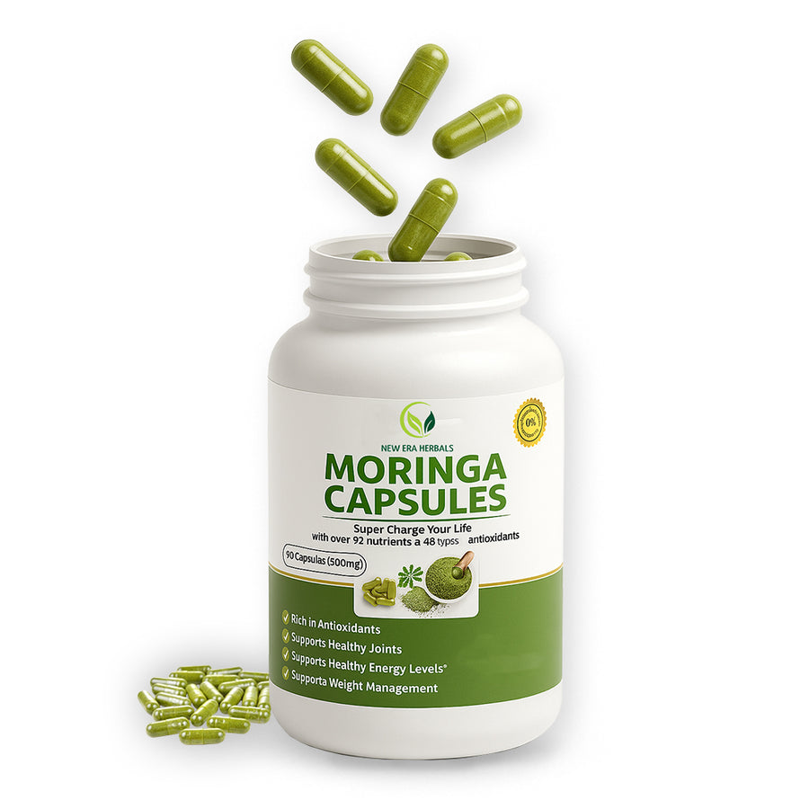 New Era Herbals Moringa Capsules bottle labelled 90 capsules, 500mg