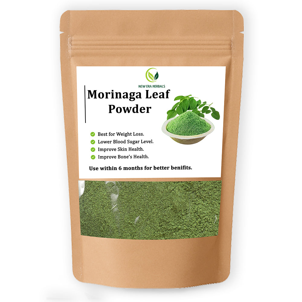 New Era Herbals Moringa Leaf Powder in a kraft resealable pouch with a clear window.
