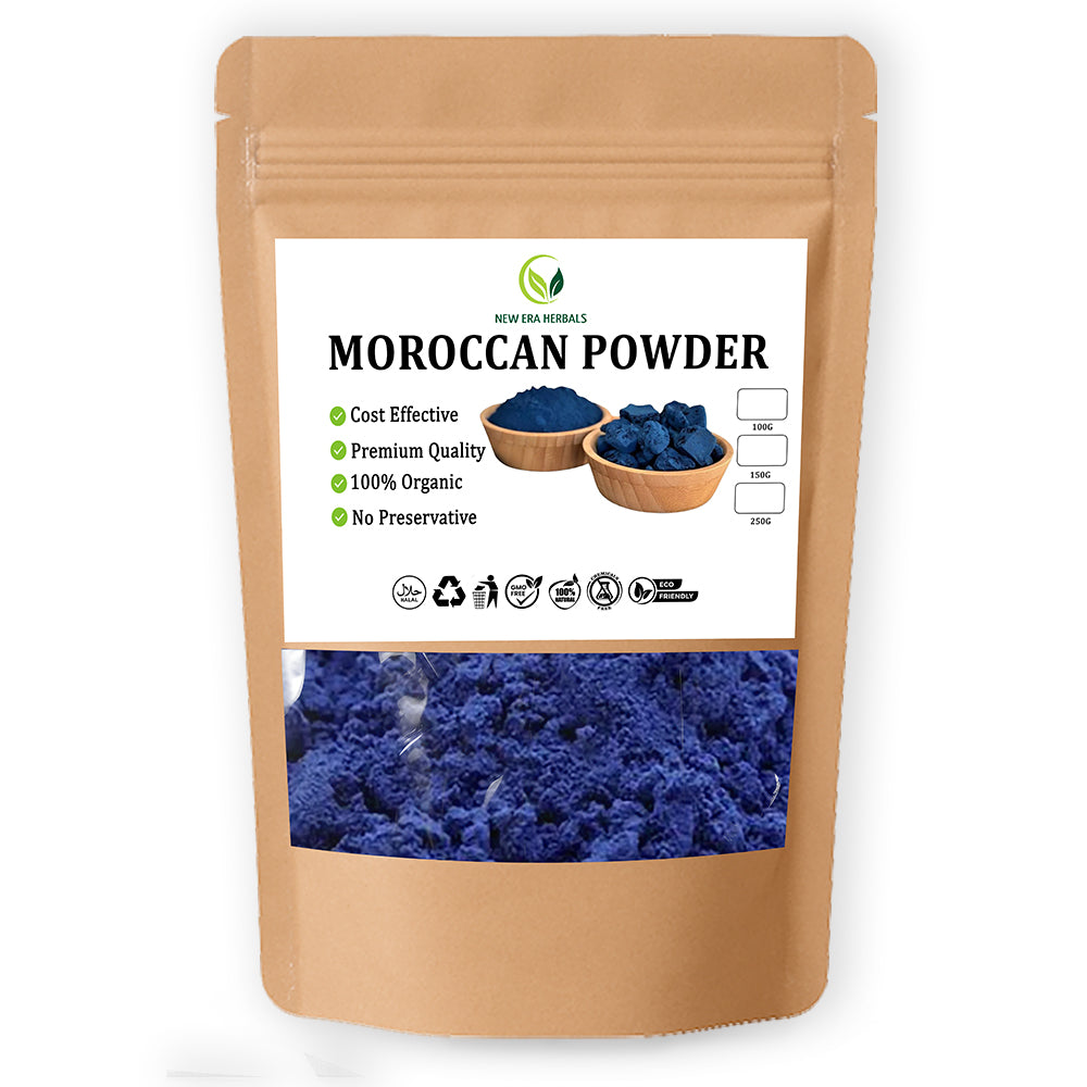 New Era Herbals Moroccan Powder in a resealable pouch with blue powder visible through the front window