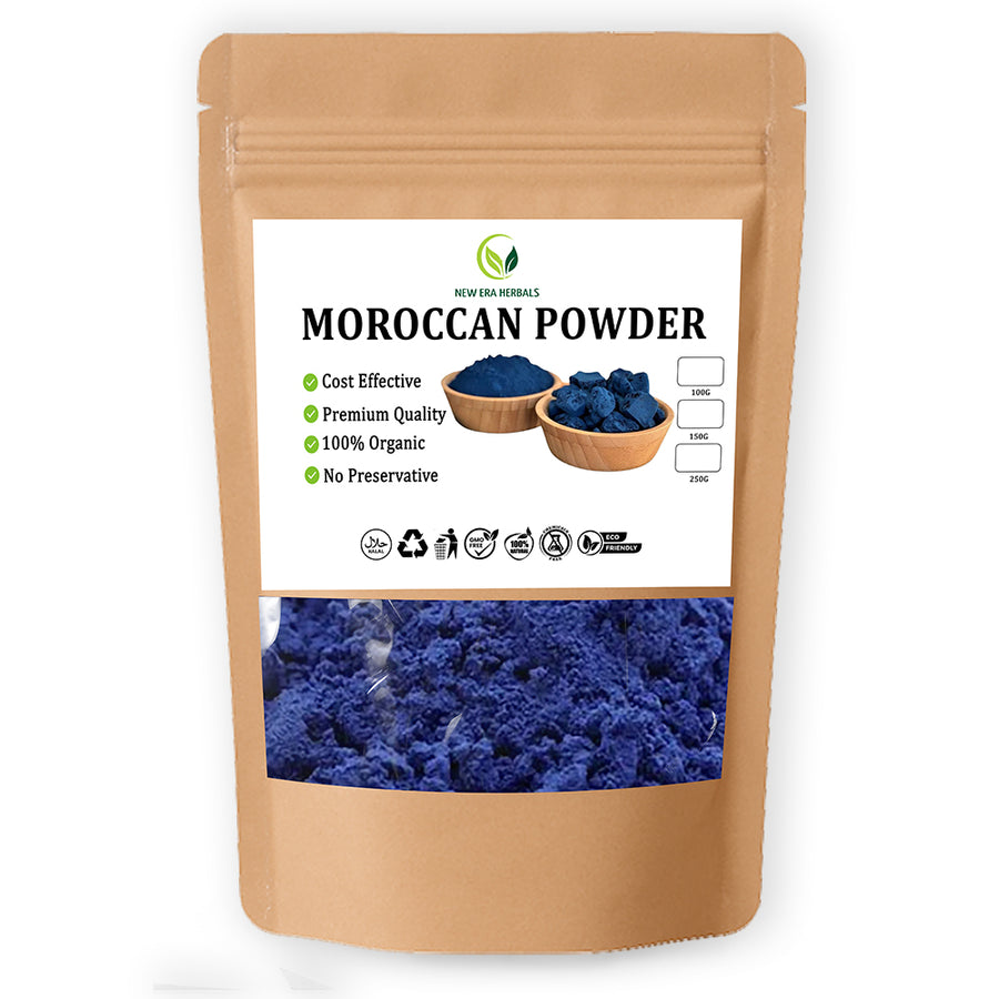 New Era Herbals Moroccan Powder in a resealable pouch with blue powder visible through the front window