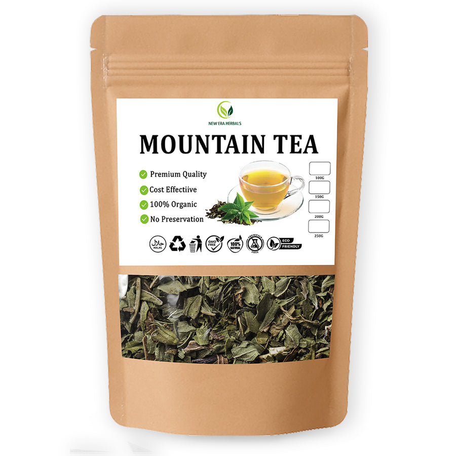 New Era Herbals Mountain Tea in a brown resealable pouch with a clear window showing dried leaves