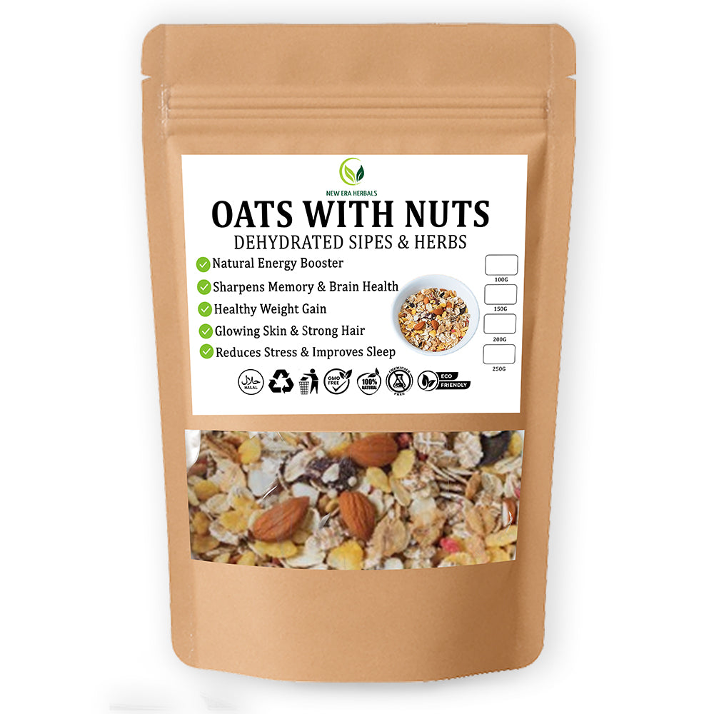 New Era Herbals Oats with Nuts in a resealable pouch with a clear window